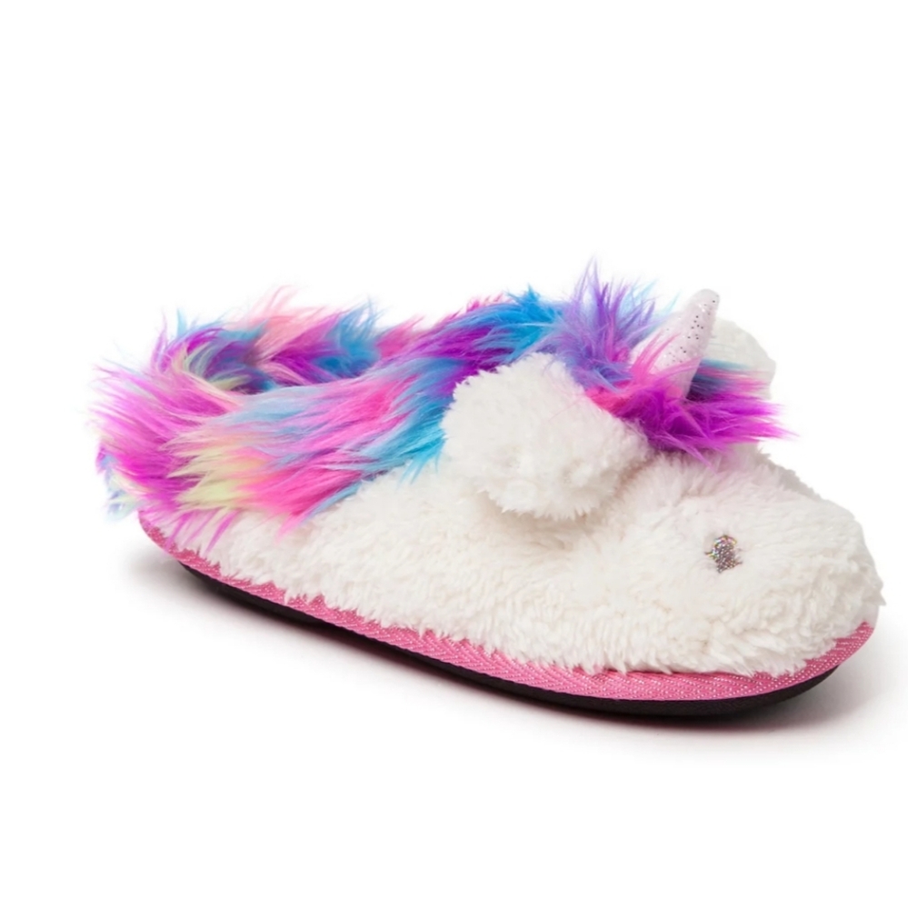 Dearfoams Girls Peyton Novelty Unicorn Fuzzy Slipper